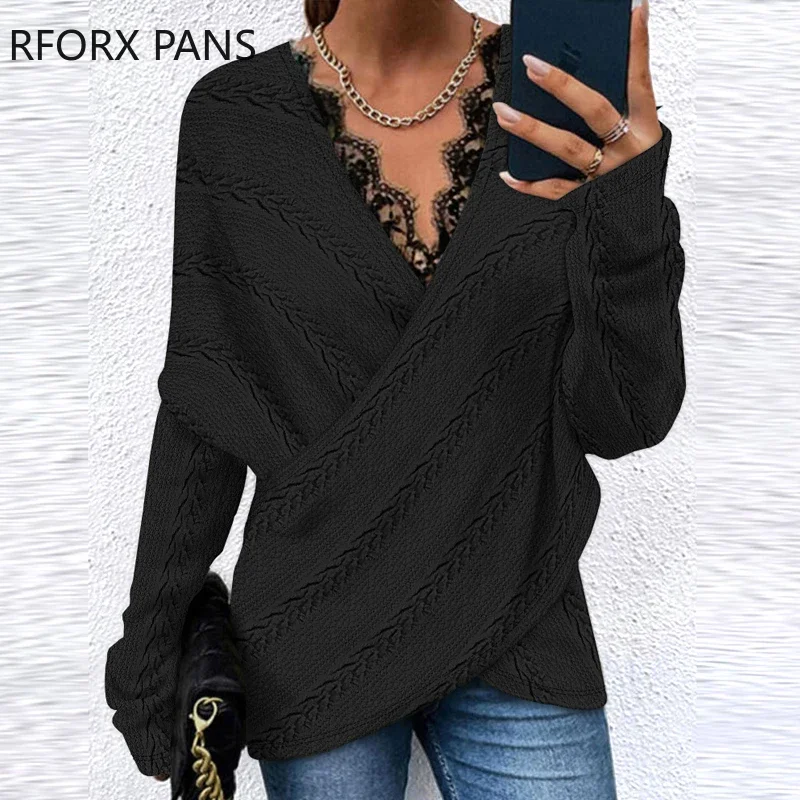 Women Solid Criss Cross Wrap V Neck Lace Patchwork Long Sleeves Loose Fit Knitting Blouses Tops