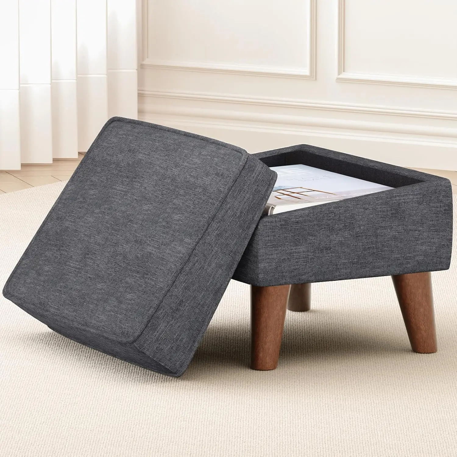 

Small Footstool Ottoman with Storage, Ottoman Foot Rest, Modern Foot Stool with Adjustable Lid and Sturdy Wood Legs for Living R