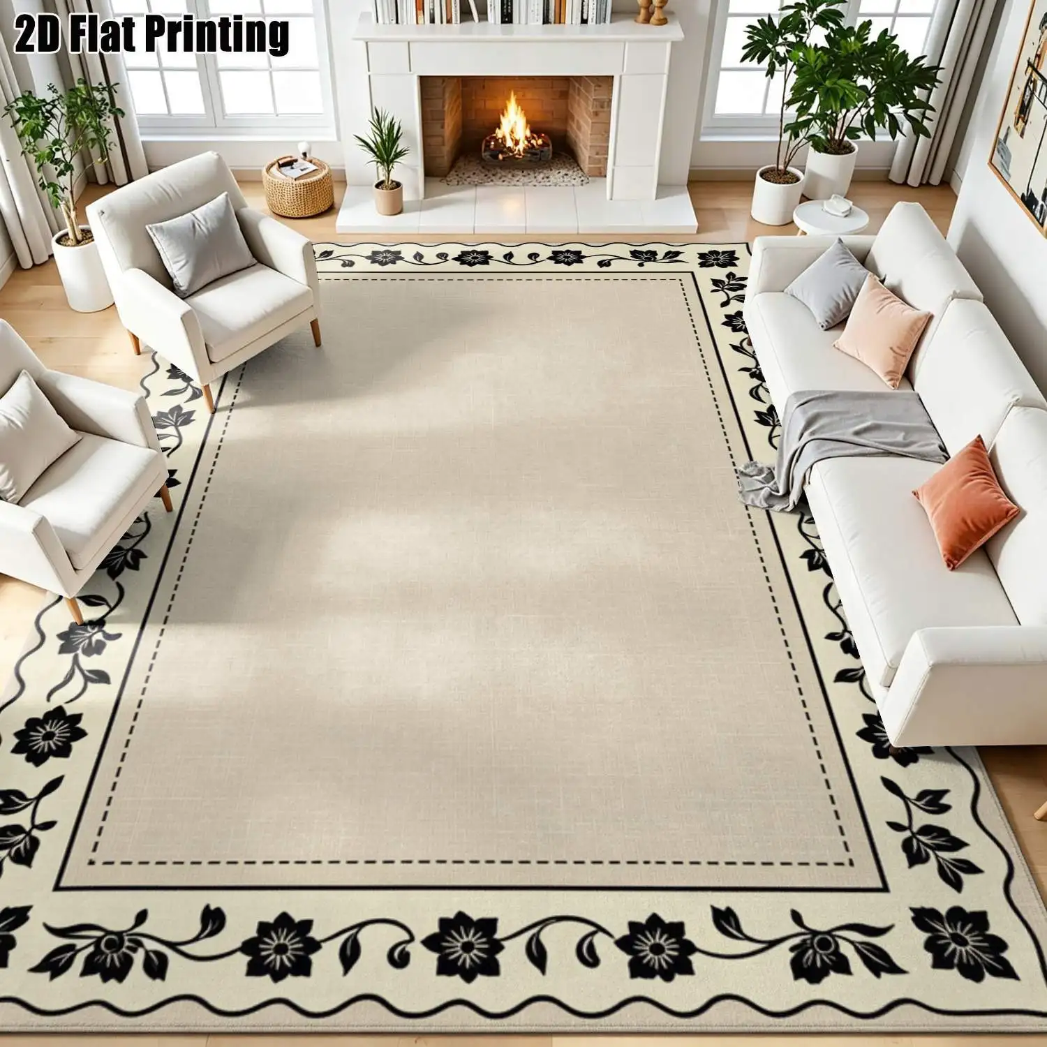 1Pc 2D Printed Beige&Black Floral Border Carpet European Vintage Geometric Bohemian Style, Home Decor, Multi-Size, Machine Washable, Ideal for Entryway, Dining Room, Foyer, Bedroom, Living Room.