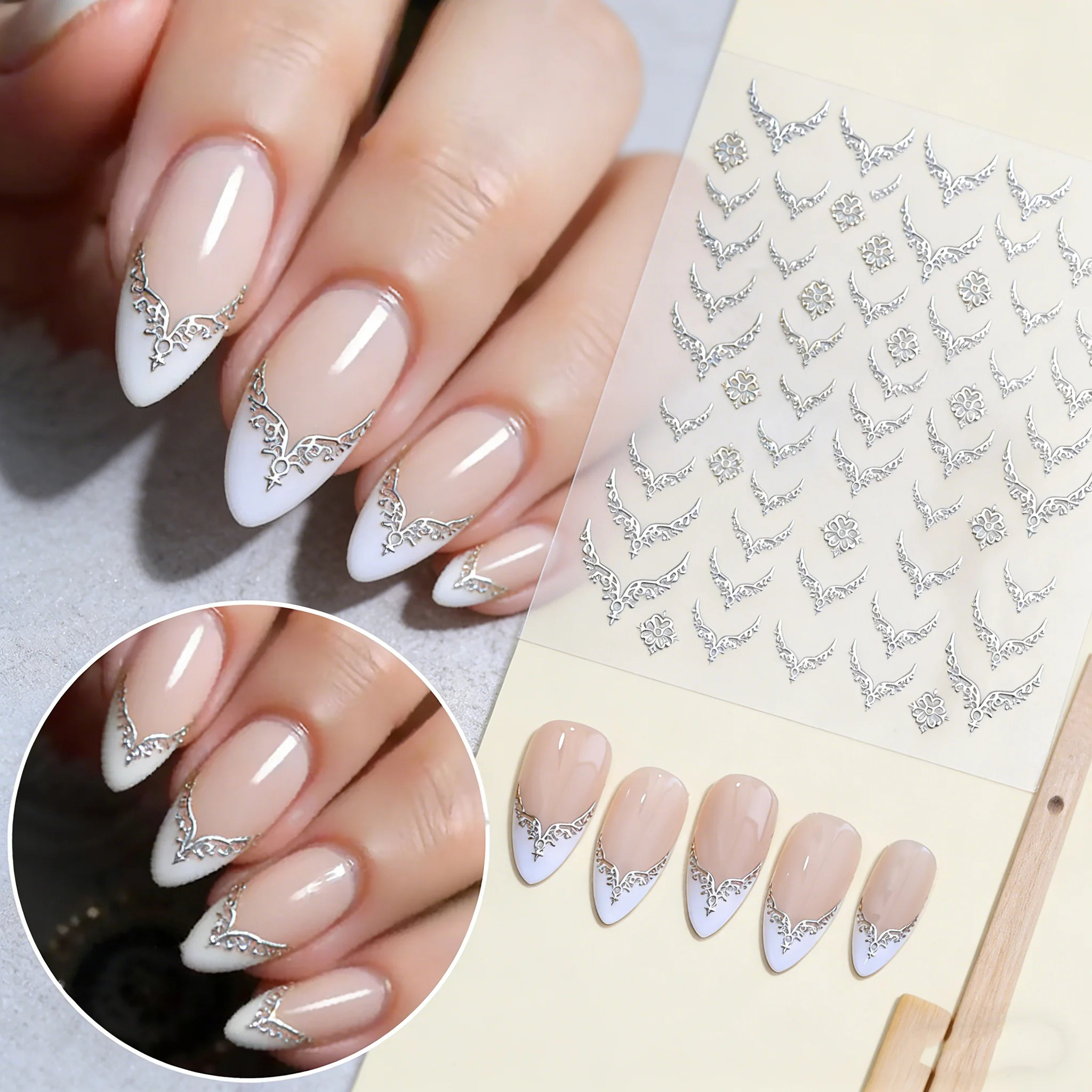 1Pc French V-Shaped Silvery Totem Nail Sticker Silvery Hollow Totem Nail Decal Adhesive Retro Elegant Silvery Totem Nail Slider