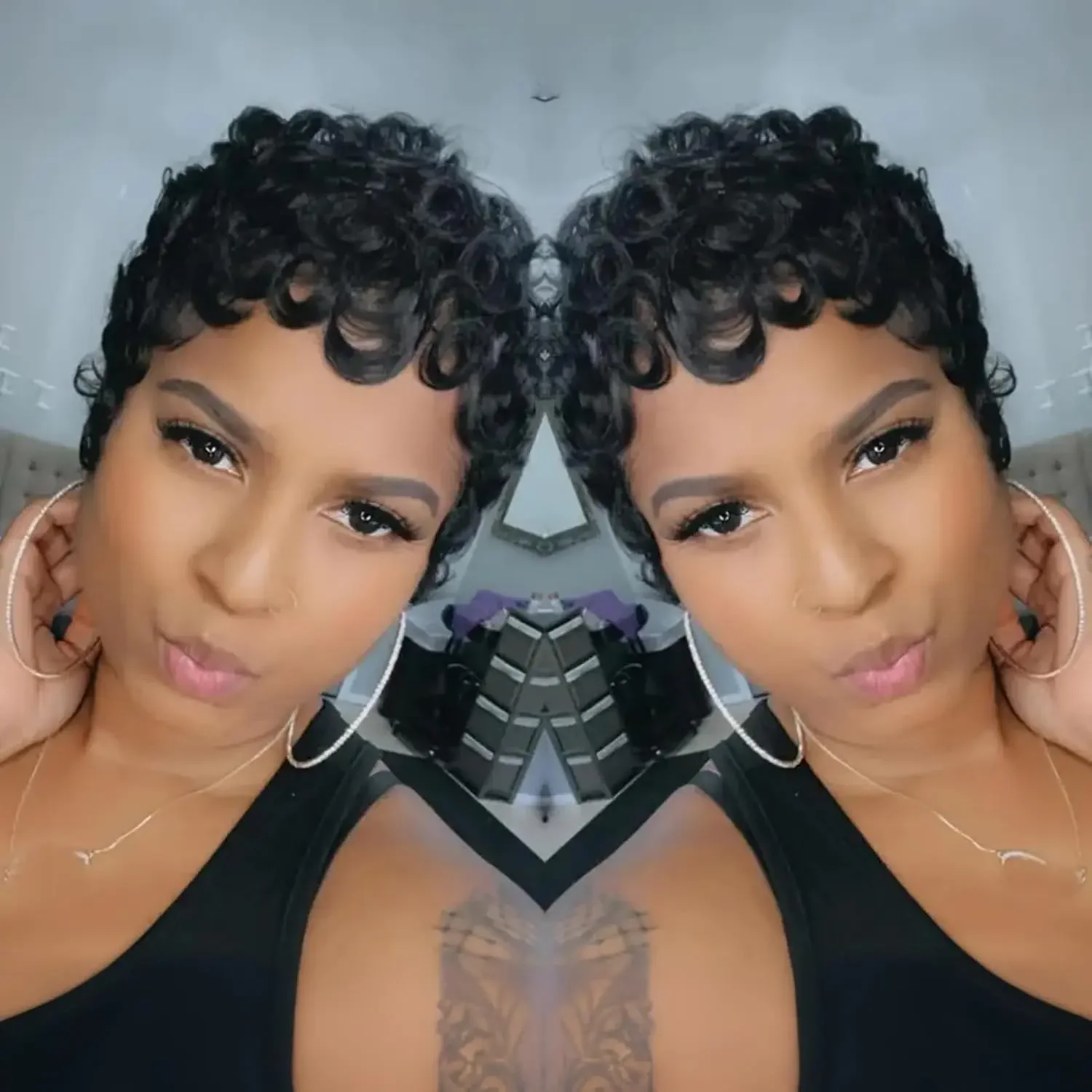 

Синтетические парики для чернокожих женщин Бесклеевые короткие вьющиеся парики с челкой для ежедневного использования Натуральный черный цвет 1B