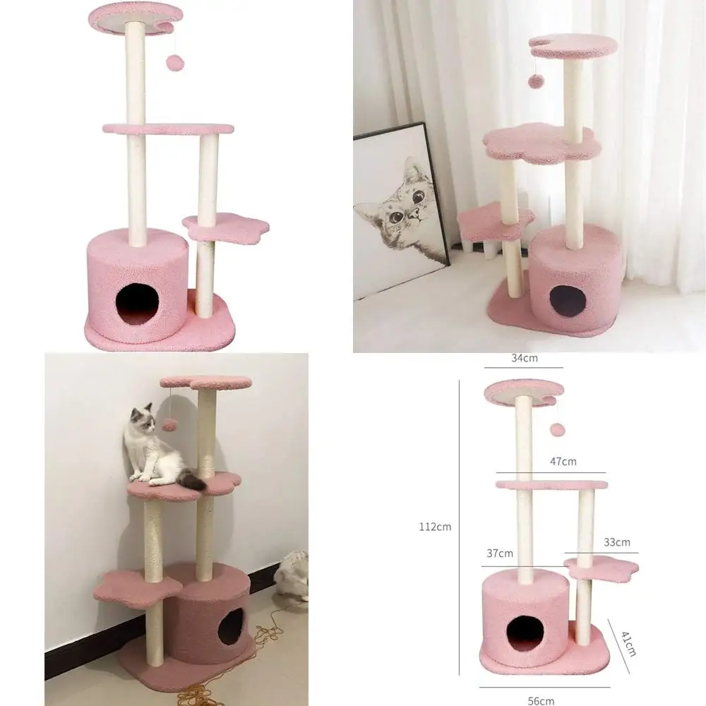 

Pink Modern Cat Activity Tower with Sisal Scratching Posts, Playhouse, and Dangling Ball - 44.1 Inches