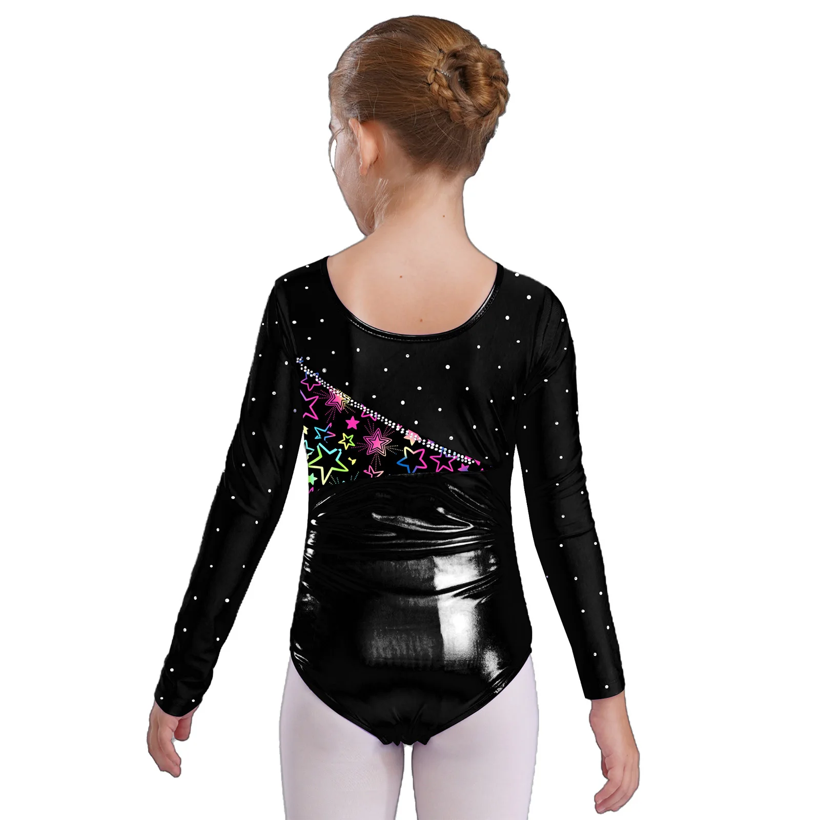 เด็กหญิงพิมพ์ยิมนาสติกสเก็ตบัลเล่ต์ Jersey เครื่องแต่งกายแขนยาว Metallic Rhinestones เงา Leotard Bodysuit