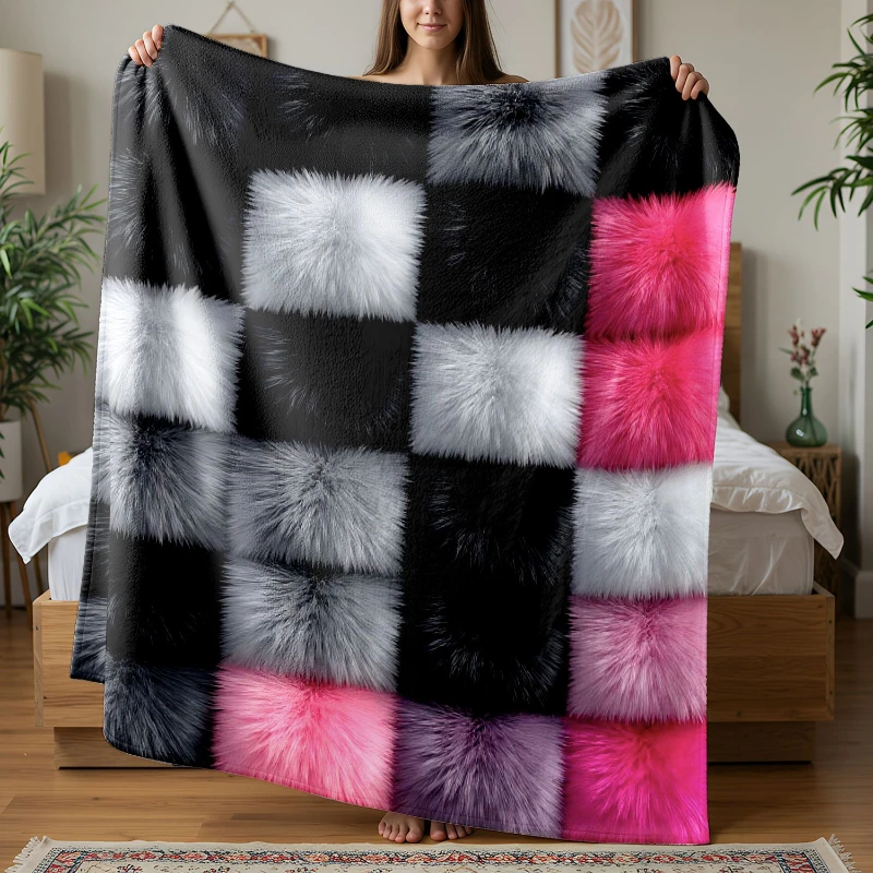 Faux Fluffy Color Block Checker Throw Blanket,Warm Living Room,Office Rest Cover,Birthday Modern Fashion Home Memento