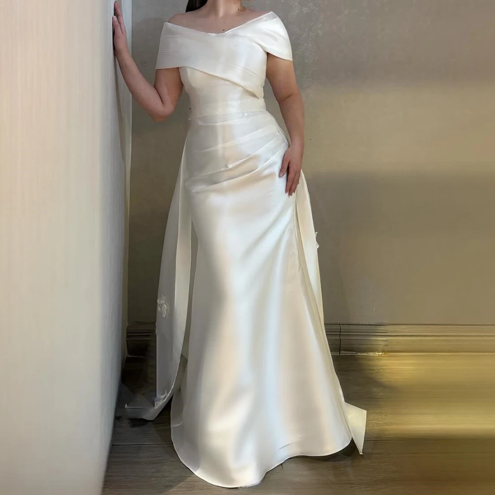 

Customized Mermaid Evening Dresses Floor-length Off The Shoulder Sleeveless Prom Gown Fashion Backless Flowers Pleat Party Gown