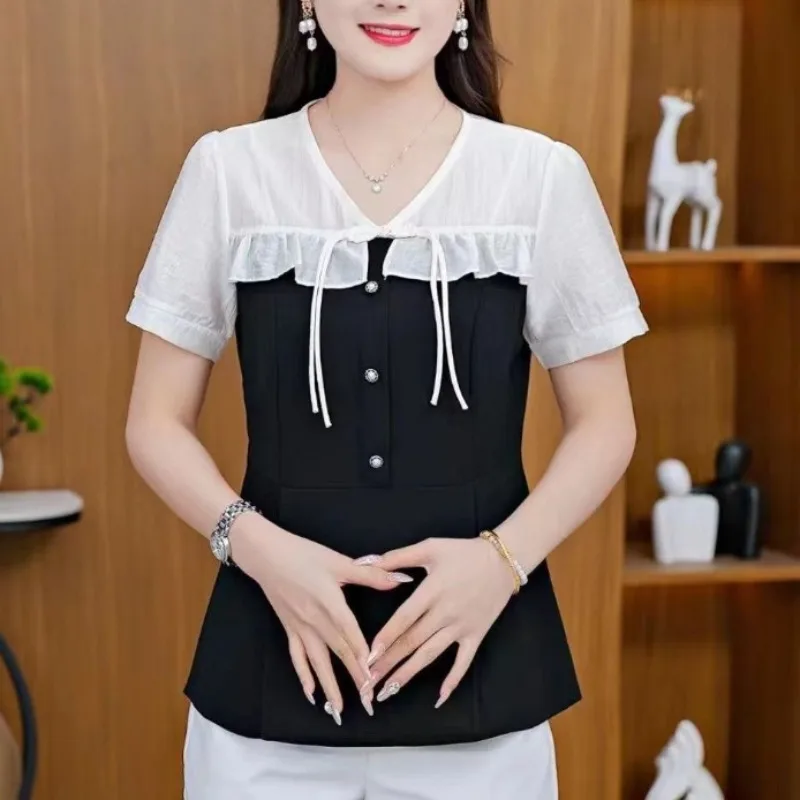 Women\'s Summer 2024 New Blouses Fashion Spliced Ruffles Fake Two V-neck Button Color-blocked Commute Short Sleeve Chiffon Shirts