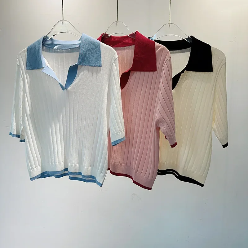 J022   polo flip  V-neck mid-sleeve knit pullover T-shirt for women