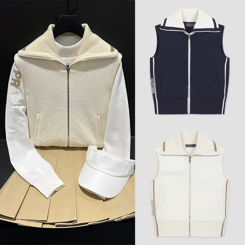 

Autumn And Winter Golf Clothing, Women Windproof Logo Knitted Golf Jacket, Zipper Color Blocked Sleeveless Golf Vest