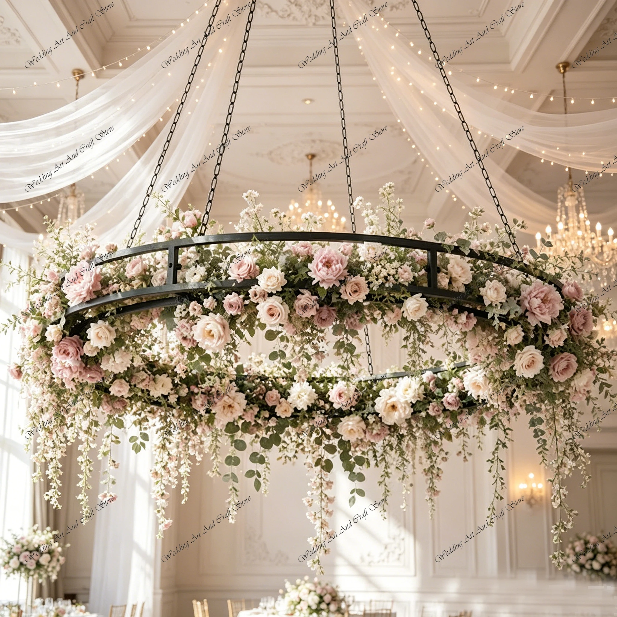 1pc f30 D148cm Wagon Wheel Large Round Hanging Metal Frame Rustic Flower Holder Modern Chandelier for Wedding Hall ivy1216