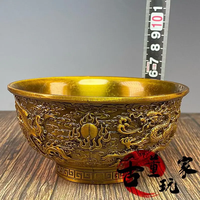 Bronze relief dragon and phoenix play beads copper bowl lucky treasure basin