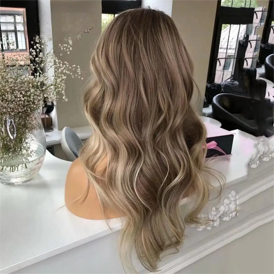 13x4 Lace Front Human Hair Wigs Ash Blonde Body Wave Human Hair Brown Highlight Wig Transparent HD Lace Frontal Wig For Woman