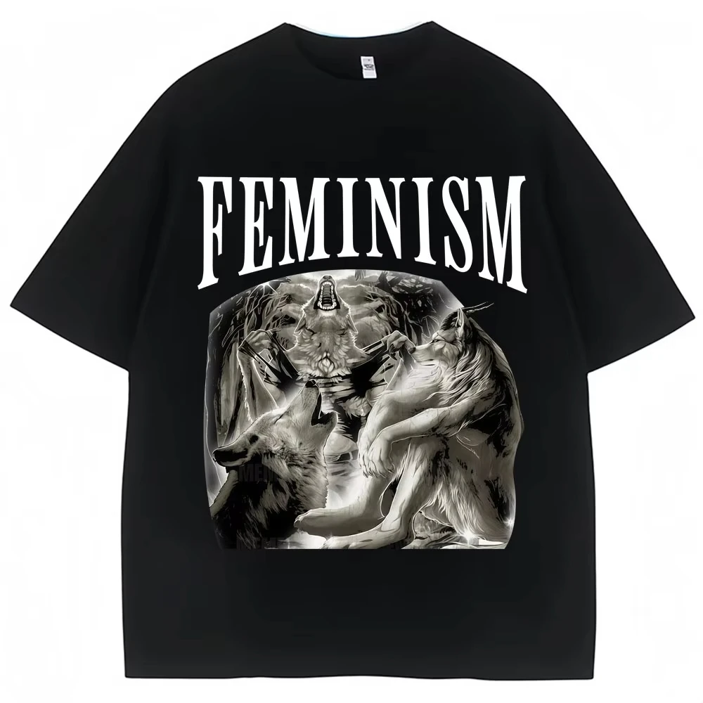 Camisetas gráficas con diseño de lobo y feminismo divertido, camisetas informales de algodón de gran tamaño para hombre y mujer, estilo vintage de los años 90, populares y a la moda