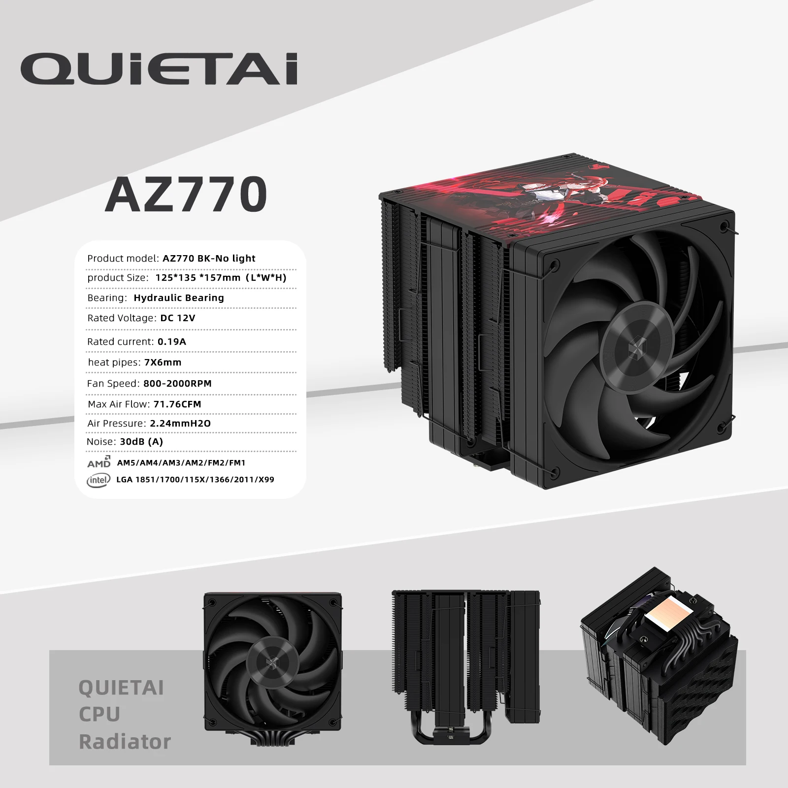 QUIETAI AZ-770 CPU Cooler 7 Heat Pipes Air Cooling Mode Compatible with AMD Intel LGA 2066 2011 1700 1851