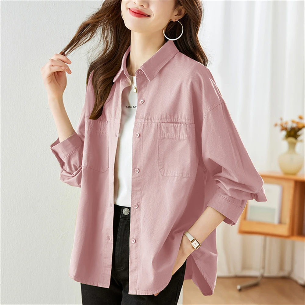 Cotton Solid Color Shirt Coat Women's Autumn New Retro Long-sleeved Blouse Office Ladies Fashion Temperament Loose Tops Femme