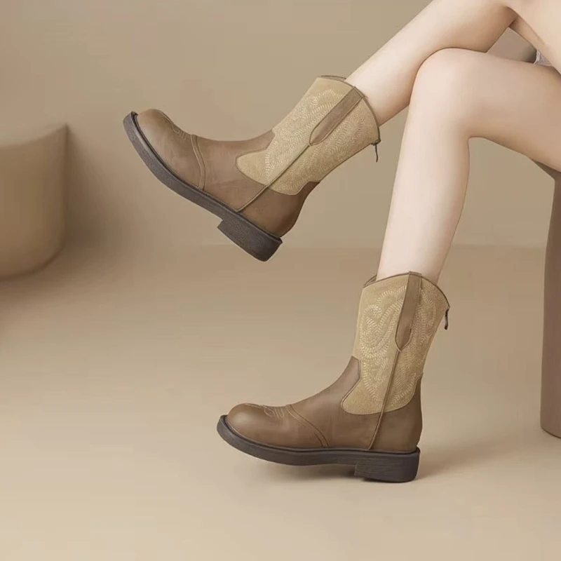 Women Embroidered Western Cowboy Boots 2026 New Retro British Style Fashion Ankle Booties Autumn Winter Shoes