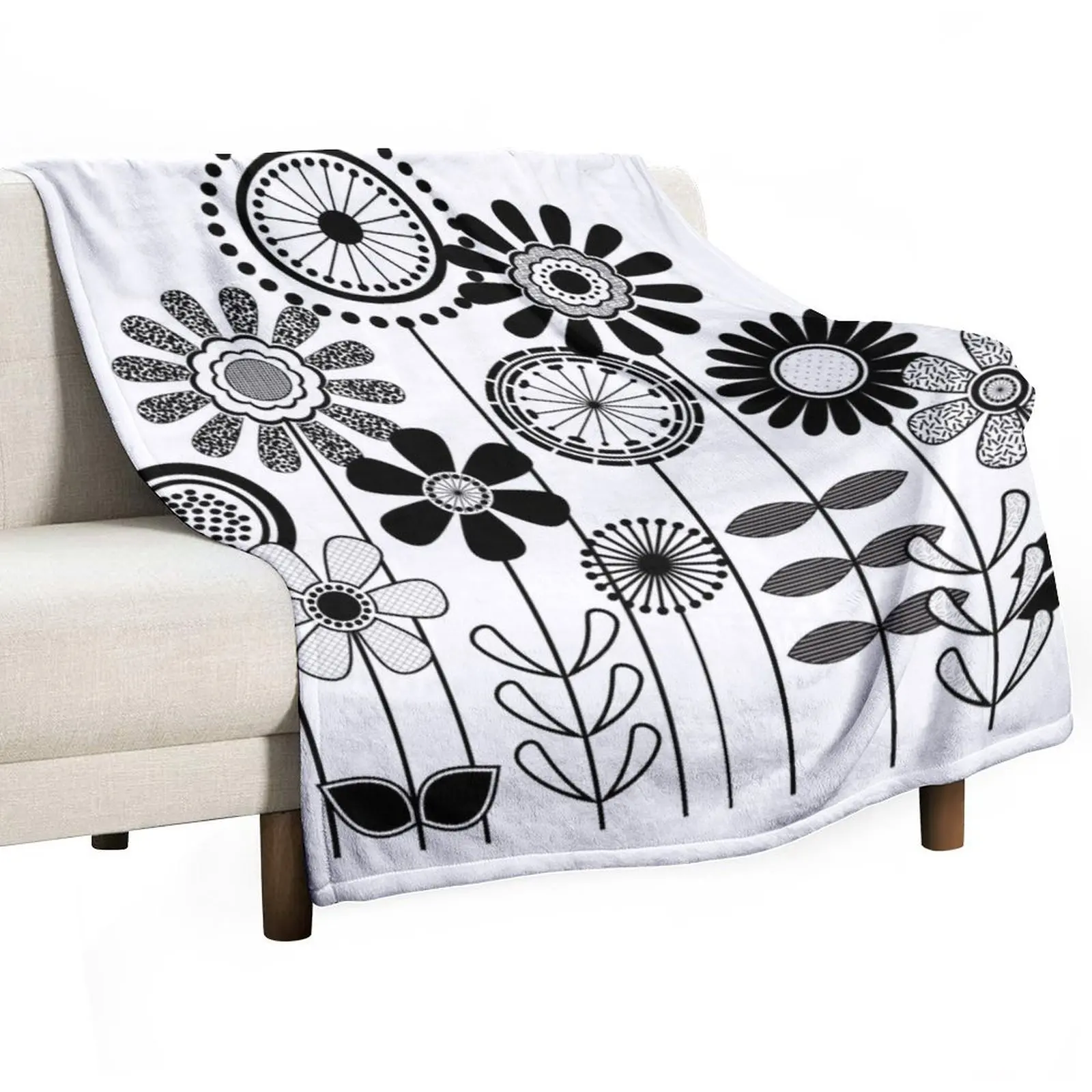 Cute Flower Mid Century Modern Print - Black and White Floral Print Throw Blanket Summer Luxury St Multi-Purpose Blankets