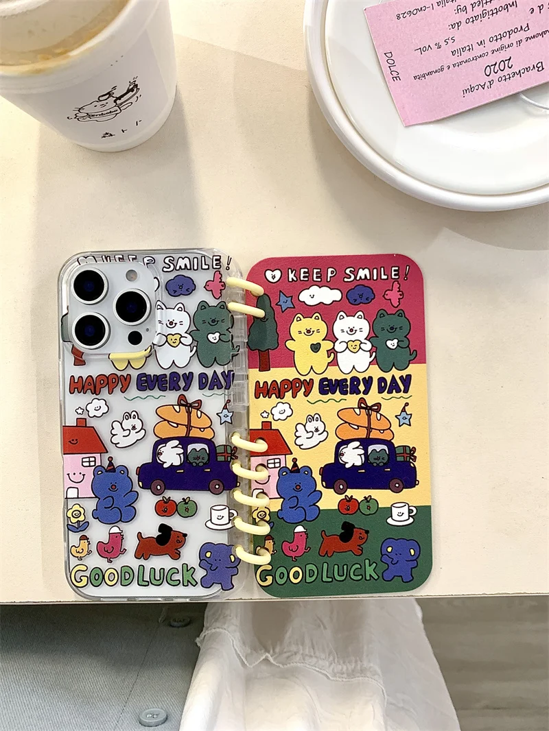 Criativo 3d clamshell bloco de notas quente bonito urso caso telefone para iphone 16 15 14 13 pro max dos desenhos animados gatinho capa à prova de choque funda