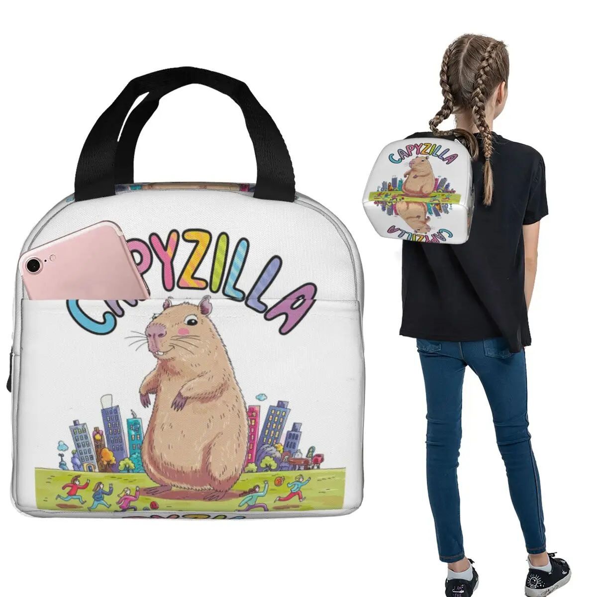 

Capyzilla Capybara Invasion Insulated Lunch Bag for Women Kids Leakproof Food Boxes Thermal Lunch Box Tote