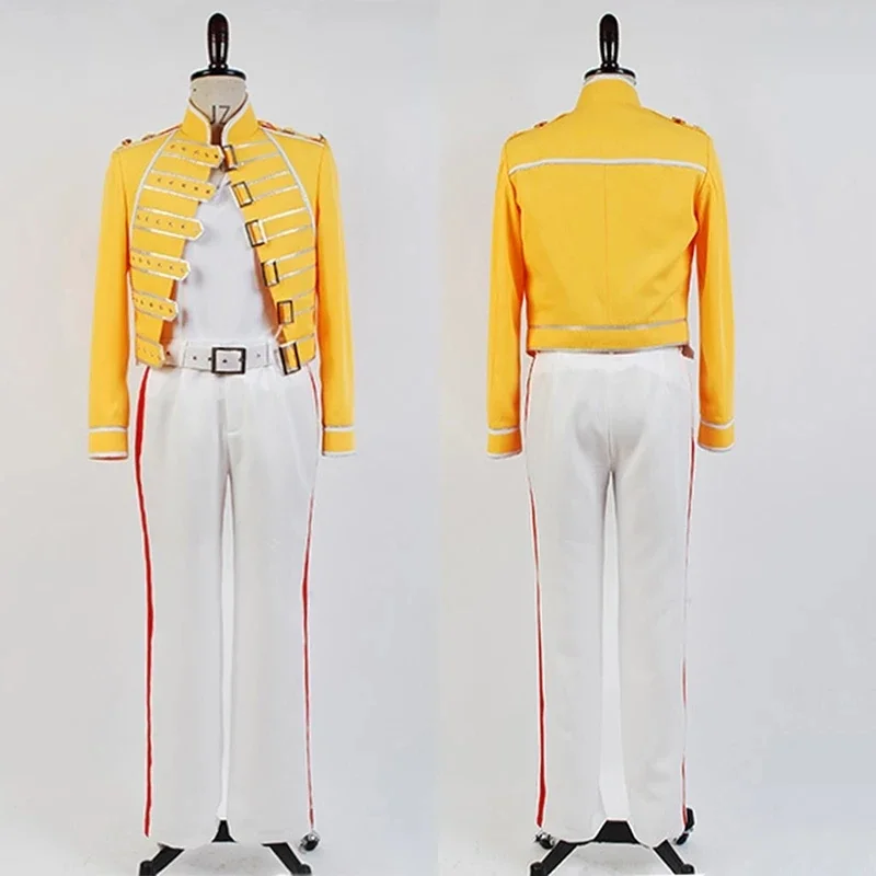 Queen Lead Vocals Freddie Mercury Cosplay Costume Yellow Jacket Pants Adult Men Outfit Uniform Cosplay Halloween Carnival Costum