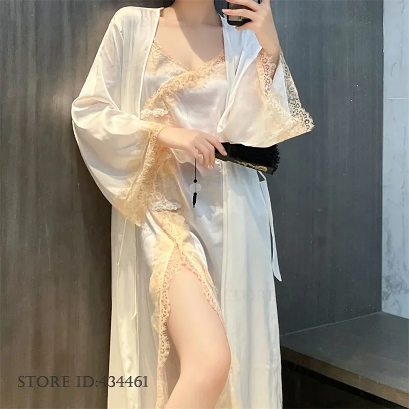Women Sleepwear 2PCS Patchwork Lace Long Sleeve Belted Robe Nightgown V Neck Slip Night Dress Sexy Elegant Women Pajamas Sets - Image 2