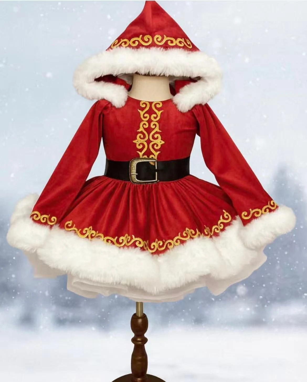 

0-12Y Baby Girl Autumn Winter Gold Embroidery Vintage Princess Red Velvet Dress With Hat for Birthday Holiday Eid Christmas C218