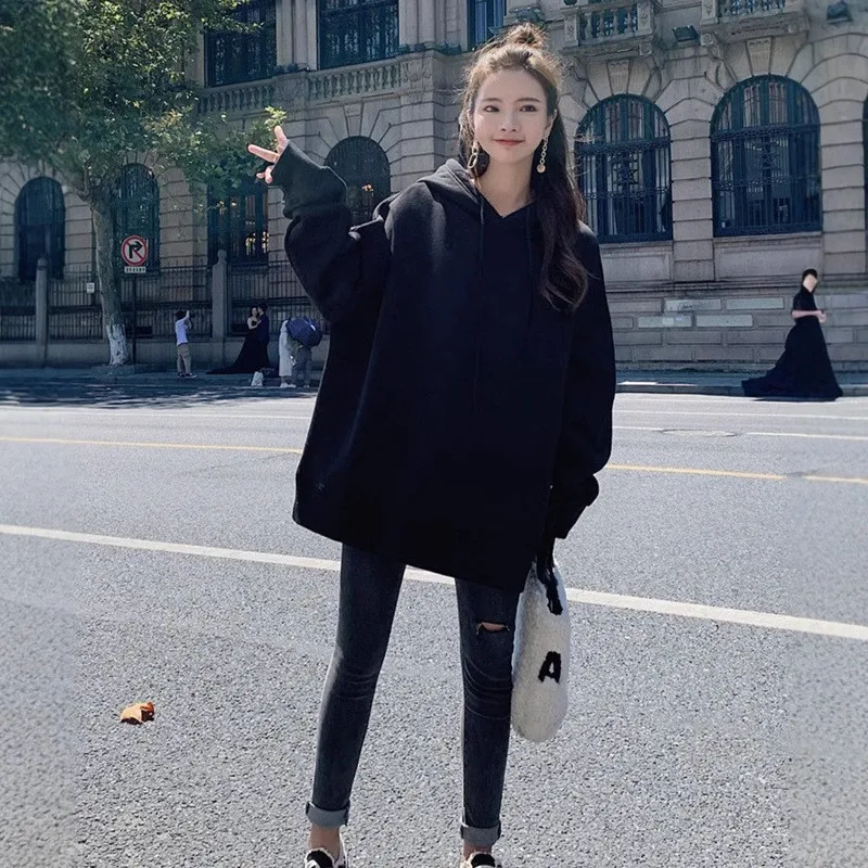 White hooded sweatshirt for women in autumn and winter, loose and lazy style, mid to long length, covered buttocks top jacket