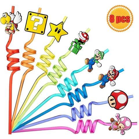 8pcs/Set Mario straws Cartoon Figure Party Favors Drinking Water Reusable Straw Happy Birthday Decor Kids Toy Gifts Baby Showe