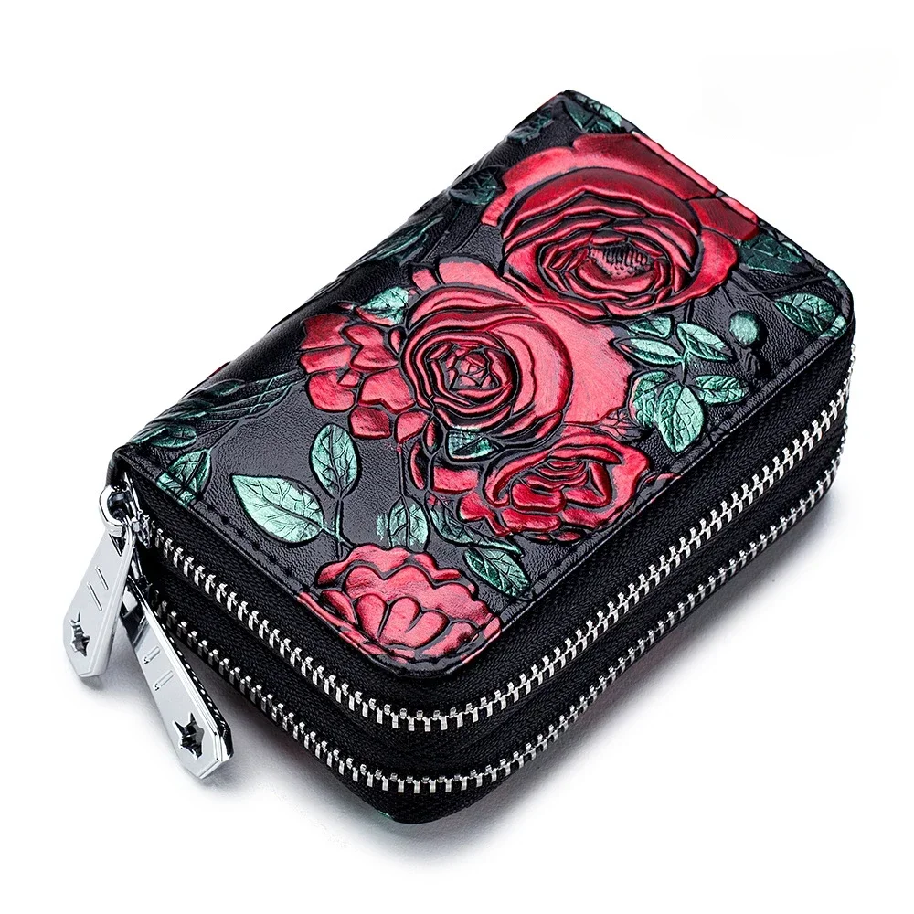 Women Fashion Small Zipper Wallet with Coin Purse Genuine Leather Floral Purses Ladies Cute Mini Vintage Small Card Pack Wallet