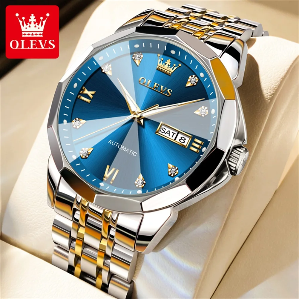 OLEVS 9982 Men\'s Watches Rhombus Mirror Original Automatic Mechanical Watch for Man Waterproof Stainless Steel Wristwatch Male