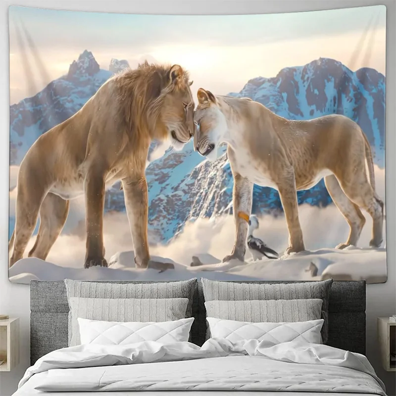 Lion and Lioness Nuzzling in Snowy Mountain Landscape Wall Tapestry Machine Washable All Season Decor Print Home Quick Setup