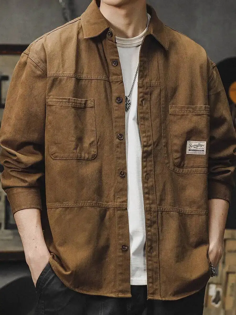 

Мужские рубашки, осень 2024, новая американская рабочая одежда, куртка-рубашка, свободная японская винтажная повседневная верхняя одежда на пуговицах с длинными рукавами