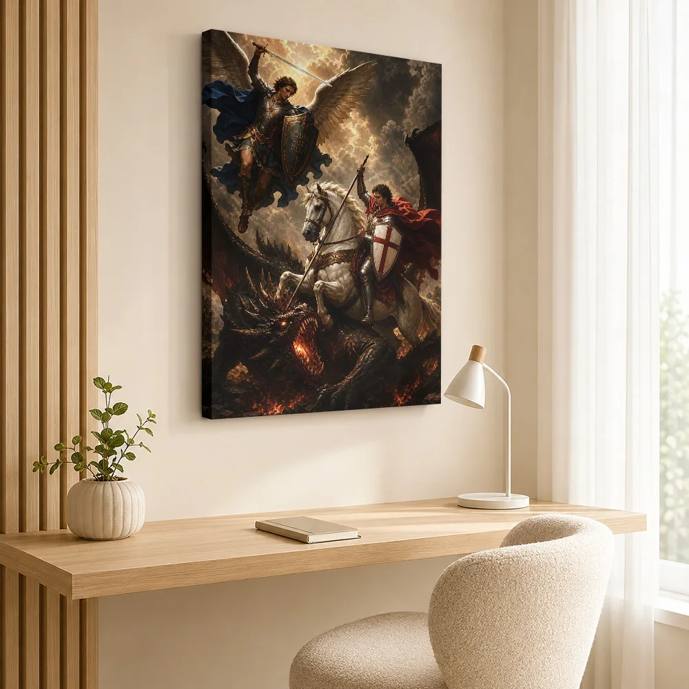 Michael Saint George Dragon Faith Wood Framed Canvas Print Personalized Photo Dramatic Religious Illustration Wall Art For Study