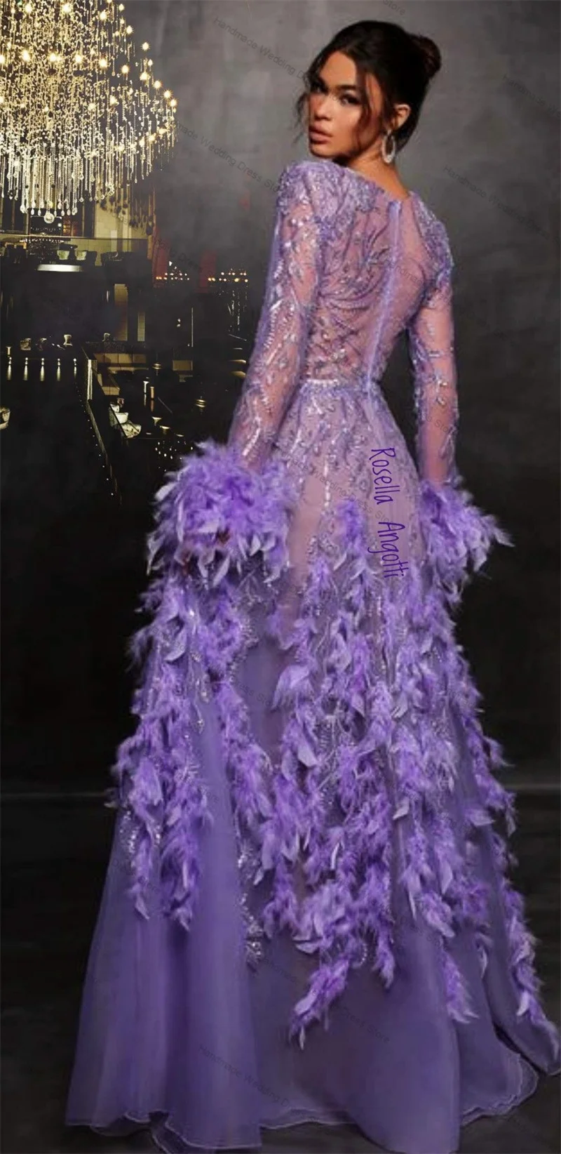 Ostrich Feathers Prom Dress Shiny Crystals Sequins Sexy V Neck Full Sleeves Evening Gown Customized Purple Long Church Robe