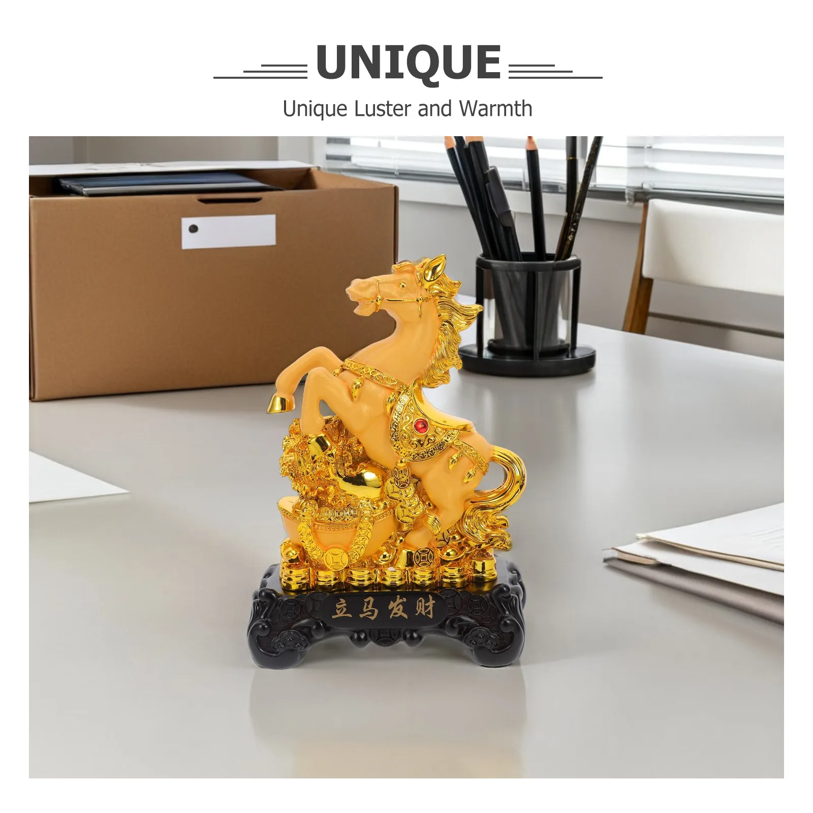 Gold Horse Resin Ornament Lunar New Year 2026 Standing Horse Sculpture Desktop Living Room Decoration Chinese Zodiac Animal