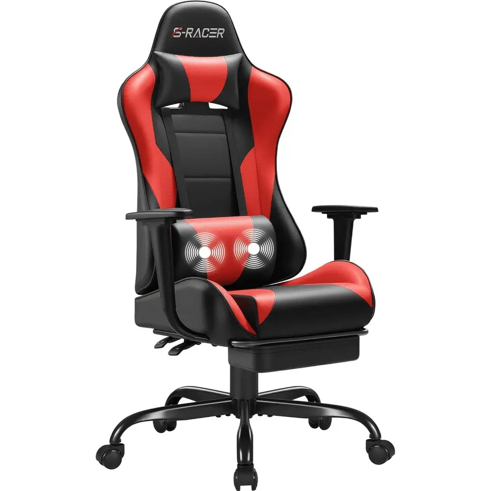 

Ergonomic Gaming Chair with Footrest, Massage Lumbar Support, and Adjustable Height (Red)