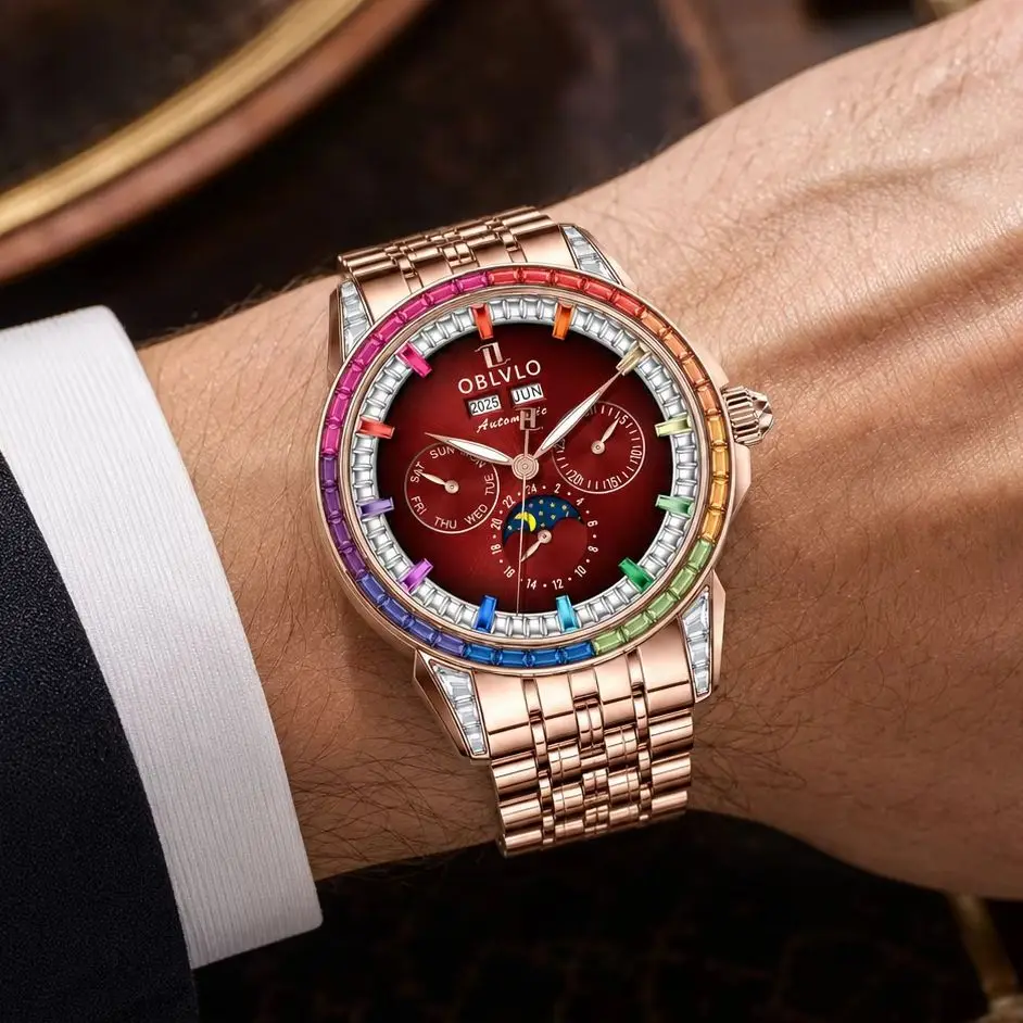 OBLVLO Men's Automatic Mechanical Watch Featuring a sapphire Crystal, Moon Phase, Date Display, and 24-Hour Indicator. GCM-MUT