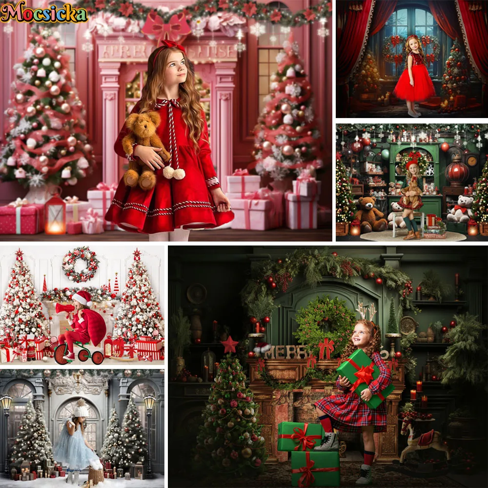 

Winter Xmas Backdrops Christmas Tree Fireplace Toy Snowy Kids Baby Photography Props Child Birthday Cake Smash Photo Background