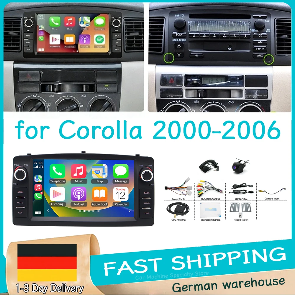 Autoradio GPS 7 Pollici 2+64G per Toyota Corolla 2000-2006, Android 15 con Carplay, Android Auto, Bluetooth, Wifi, FM/RDS, SWC