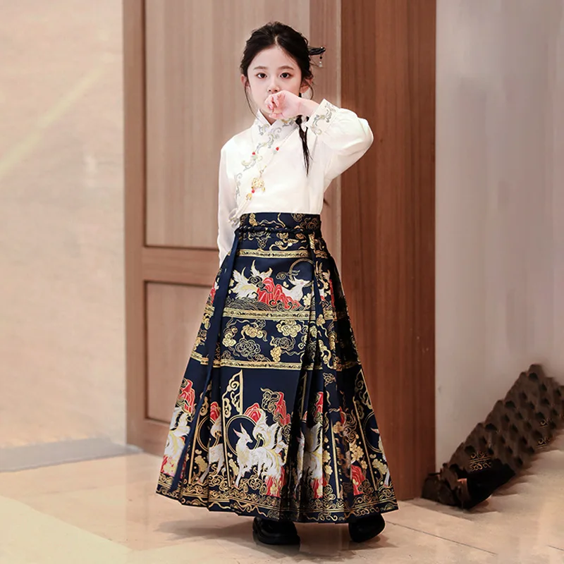 Girl Improved Crane Print Hanfu Tang Suit Original Han Elegant Fairy Chinese Style Daily Horse Face Skirt