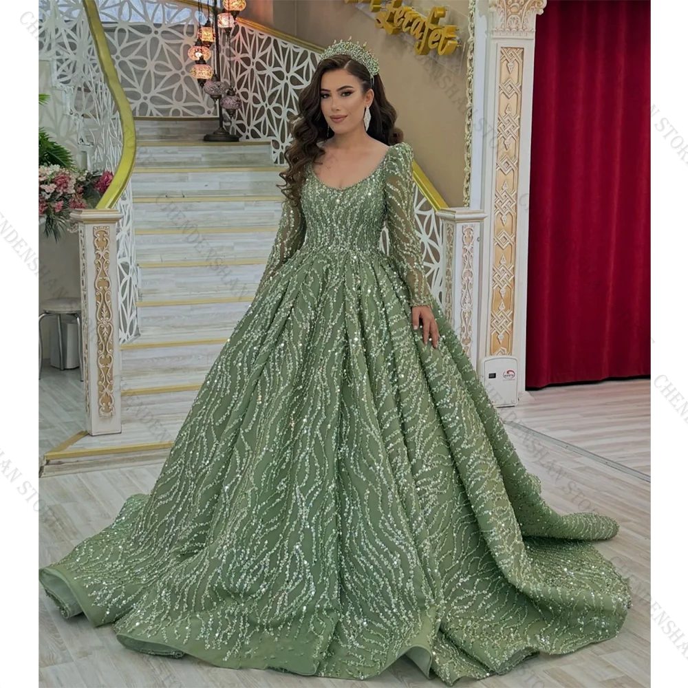 Vestidos De Noche formales verdes De lujo Línea A mangas largas Vestidos De pasarela De alfombra roja Vestidos De fiesta grandes batas De Soirée personalizadas
