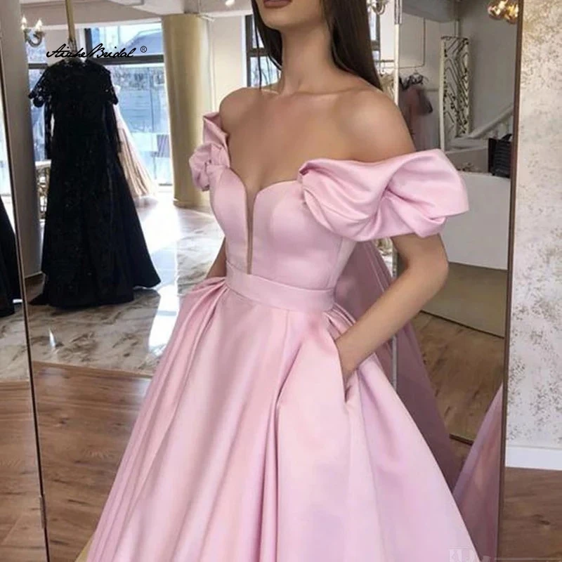Elegante roze galajurk off-shoulder avondjurken satijnen feestjurk Dubai Kaftan Saoedi-Arabische formele jurk Robe De Soiree