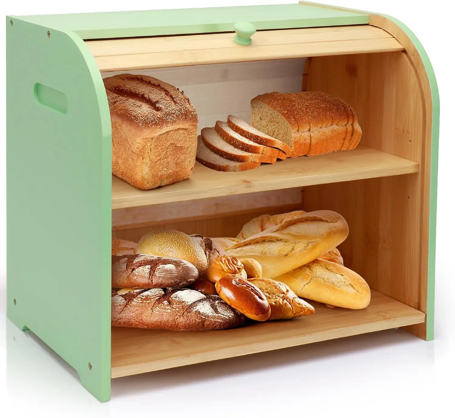 

Double Layer Bamboo Bread Box with Roll Top Lid, Adjustable Height Storage for Kitchen Countertop