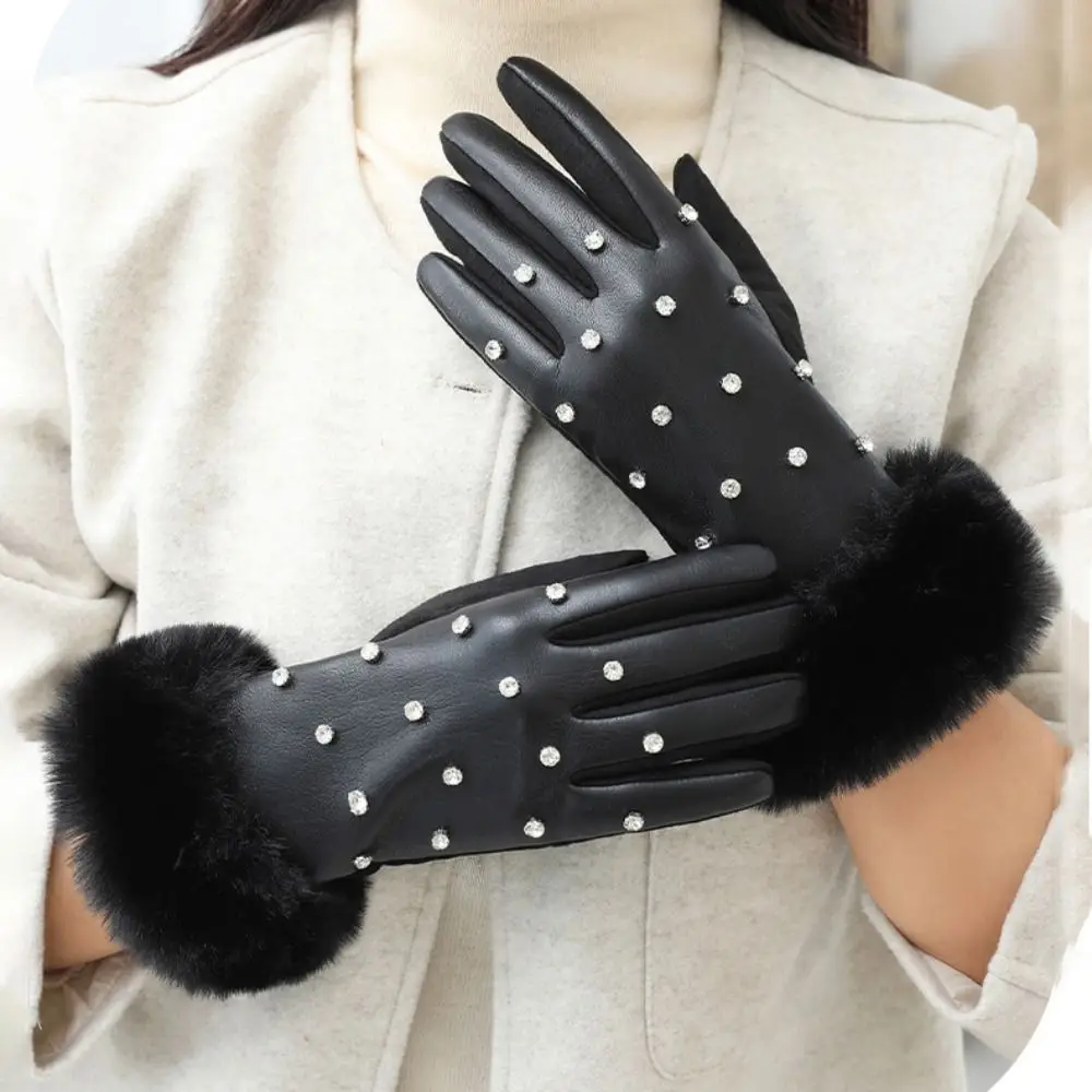 

Luxury Faux Fur Trim Cuff PU Leather Gloves Touchscreen Rhinestone Winter Thermal Gloves Windproof Lined Warm Gloves for Women