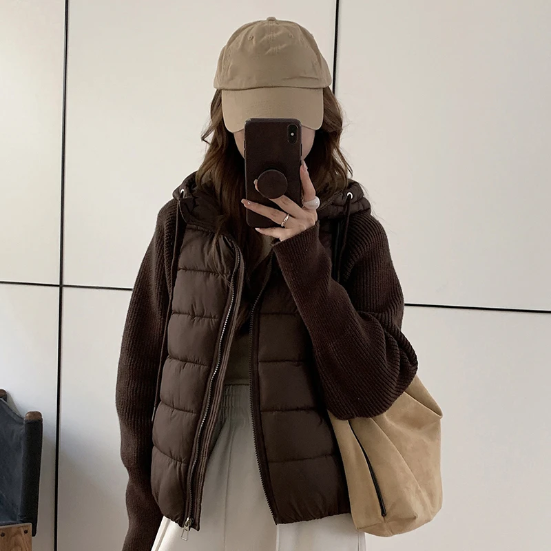 Knitted Patchwork Parkas Women Winter Casual Zipper Warm Puffy Coats Loose All Match Office Long Sleeve Hooded Solid Outwear New