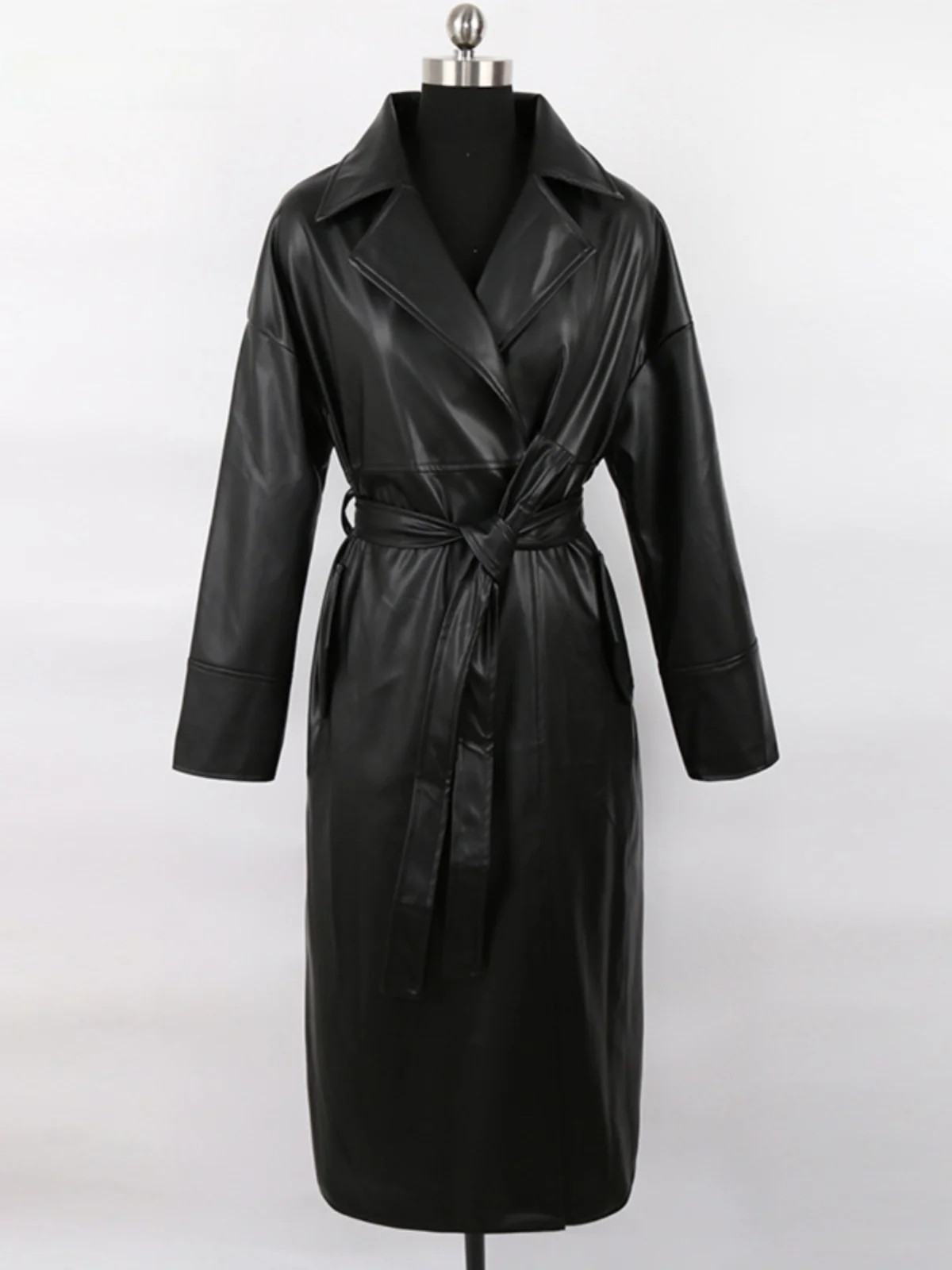 

Nerazzurri Women's Long Loose PU Leather Windbreaker Coat Double Row Buttons Waist Belt Fashionable Commute Style Jacket