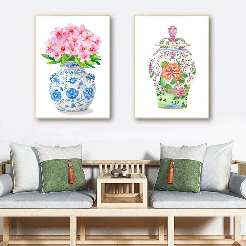 Watercolor Chinoiserie Vase Oriental Ginger Jar Blue White Porcelain Poster Canvas Painting Wall Art Pictures Home Decor