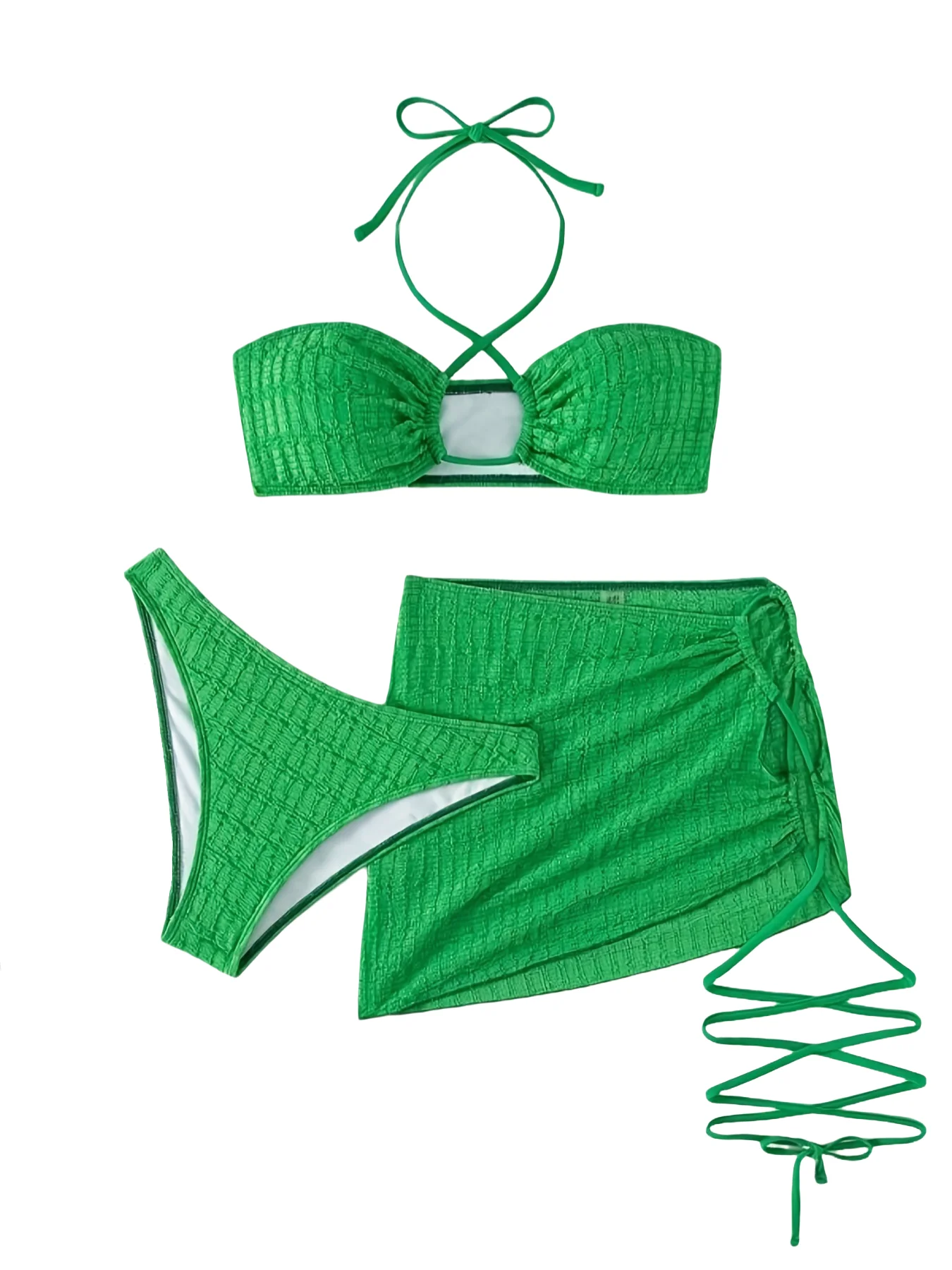 Conjunto de Bikini con cuello Halter para mujer, traje de baño plisado, vestido de playa, traje de baño de 3 piezas, traje de baño Sexy para vacaciones de verano