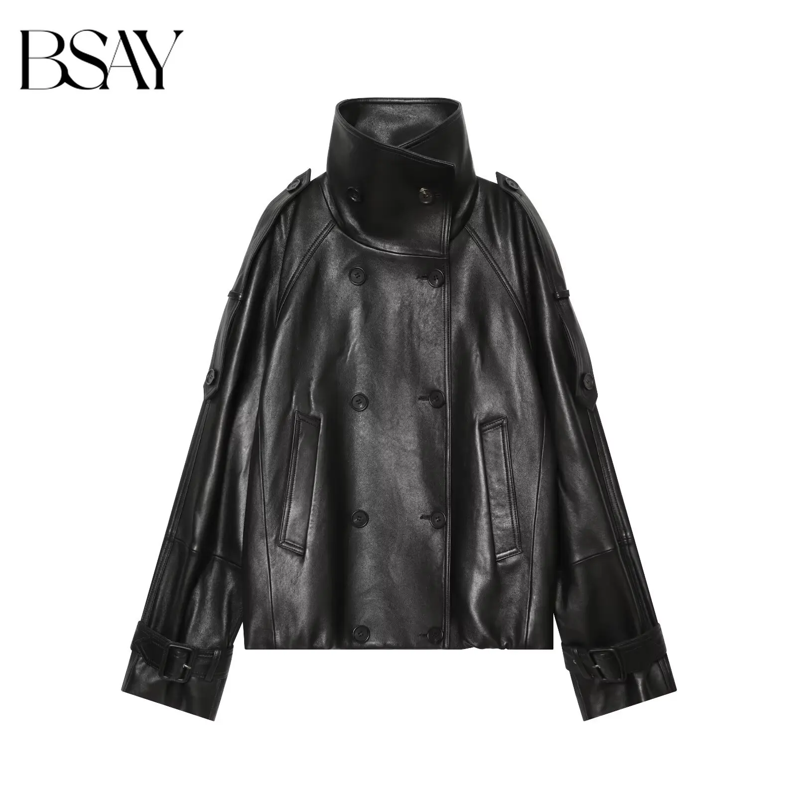 BSAY Damen-Kunstlederjacke mit Stehkragen, zweireihig, Epauletten, Schnallenmanschetten, lockerer kurzer Moto-Biker-Mantel, Streetwear-Oberbekleidung