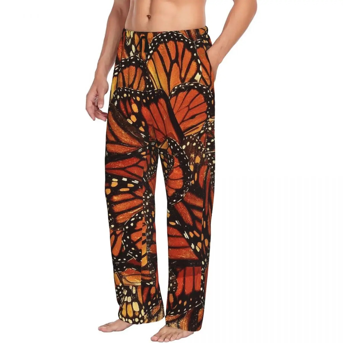 Custom Orange Monarch Butterfly Pajama Pants Men Sleepwear Sleep Lounge Bottoms with Pockets