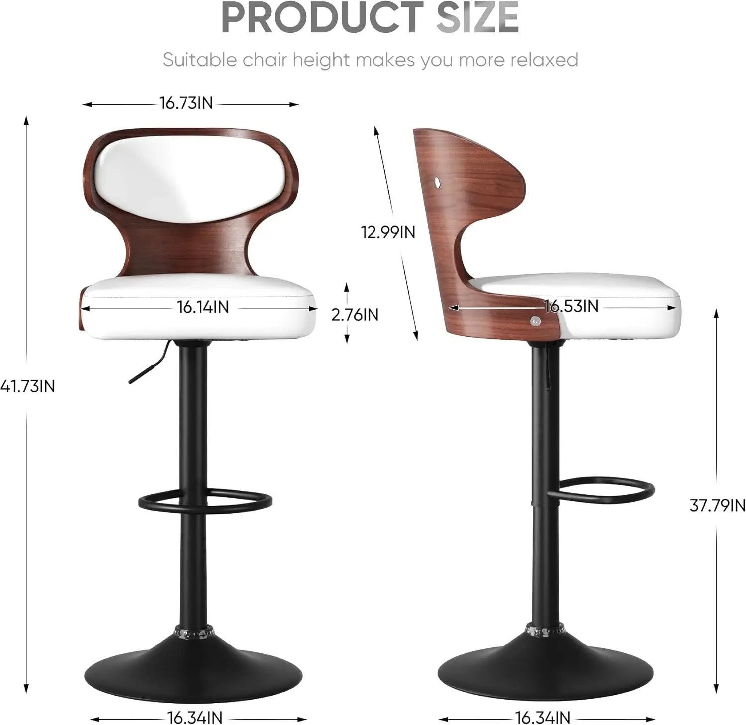 Bar Stools Set of 2 Seat Adjustable Height 24.5-33.5IN - Bentwood Swivel Barstools with Back & Footrest - PU Leather